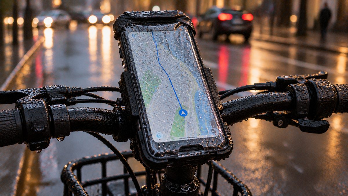 Смартфон во влагозащитном чехле на руле электровелосипеда, капли дождя на прозрачной плёнке