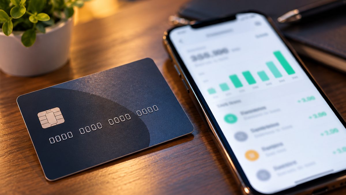 Дебетовая карта рядом со смартфоном с графиком начислений