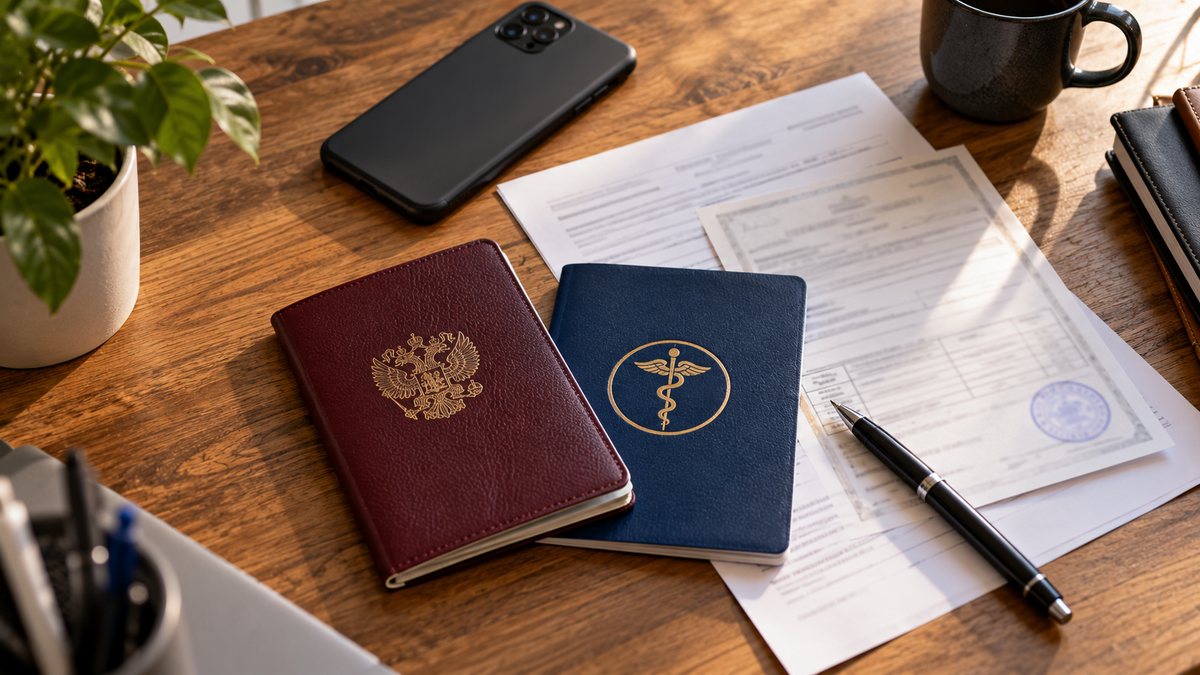 Паспорт, медицинская книжка и справки на столе