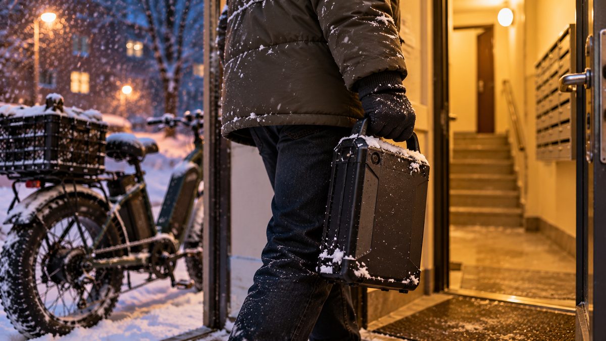 Тяжёлый электровелосипед с корзиной стоит на заснеженной городской улице