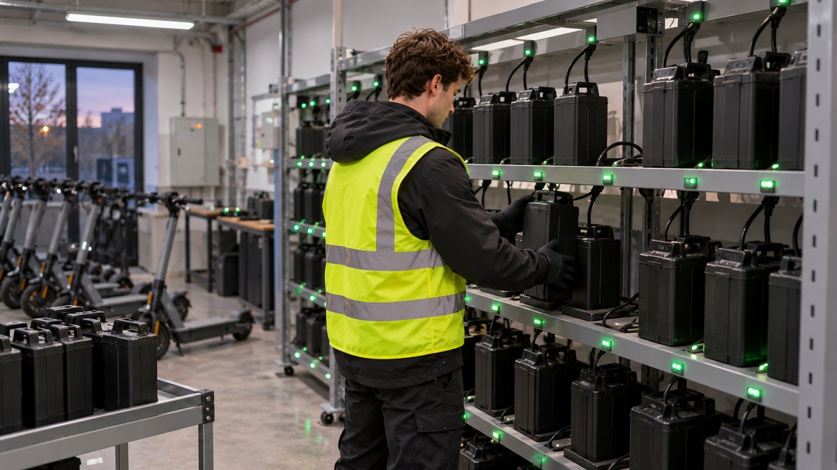 Энерджайзер вставляет заряженный аккумулятор в деку самоката
