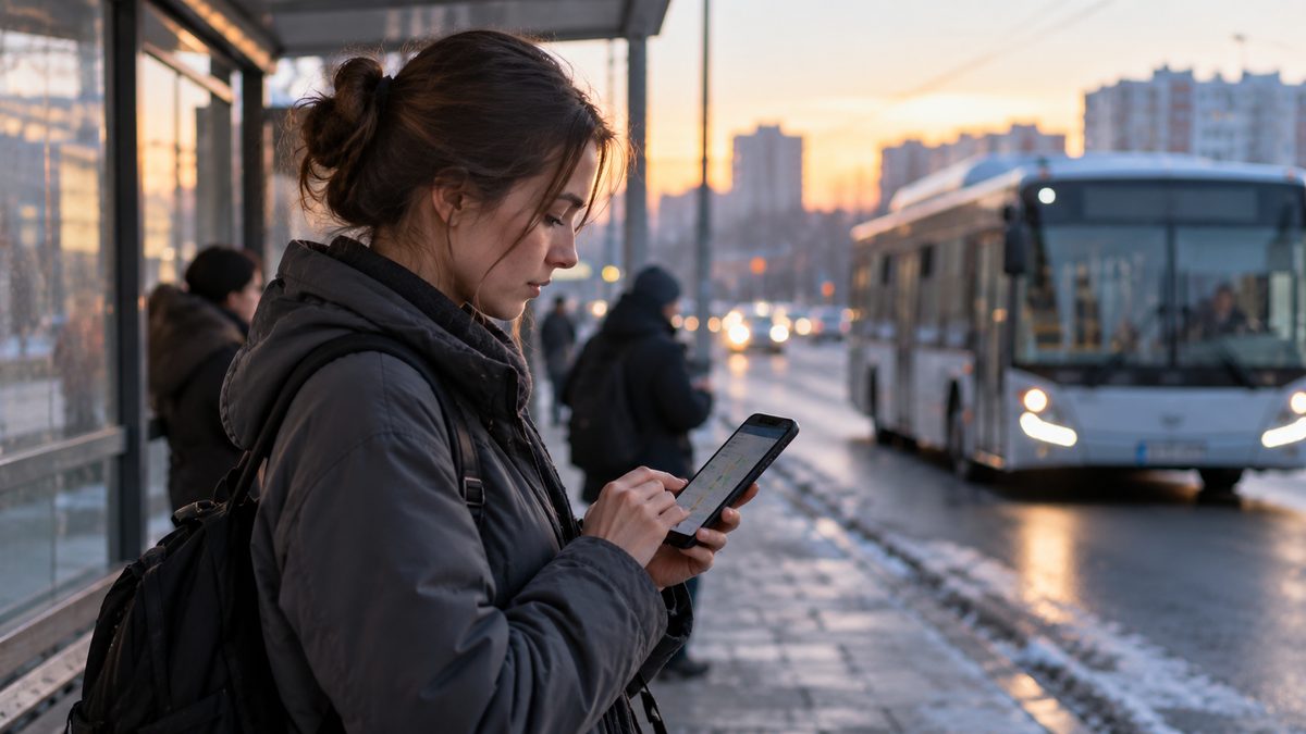 Девушка в куртке выбирает задание на карте в смартфоне на остановке ранним утром