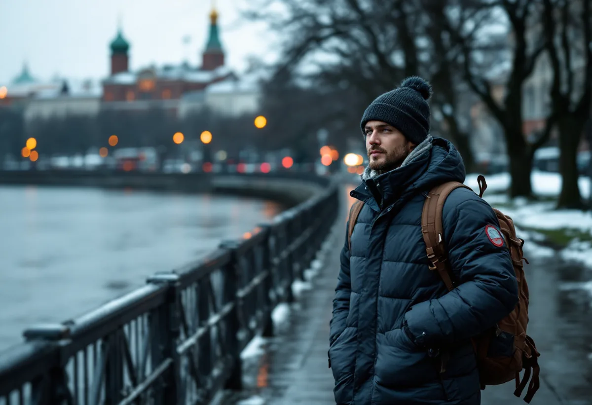 Курьер на смене в Петербурге в пасмурную погоду