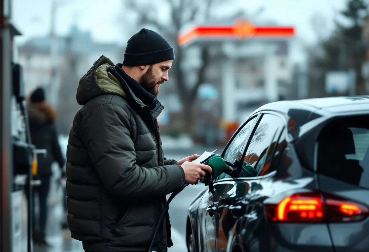 Автокурьер заправляет машину — расходы съедают часть дохода