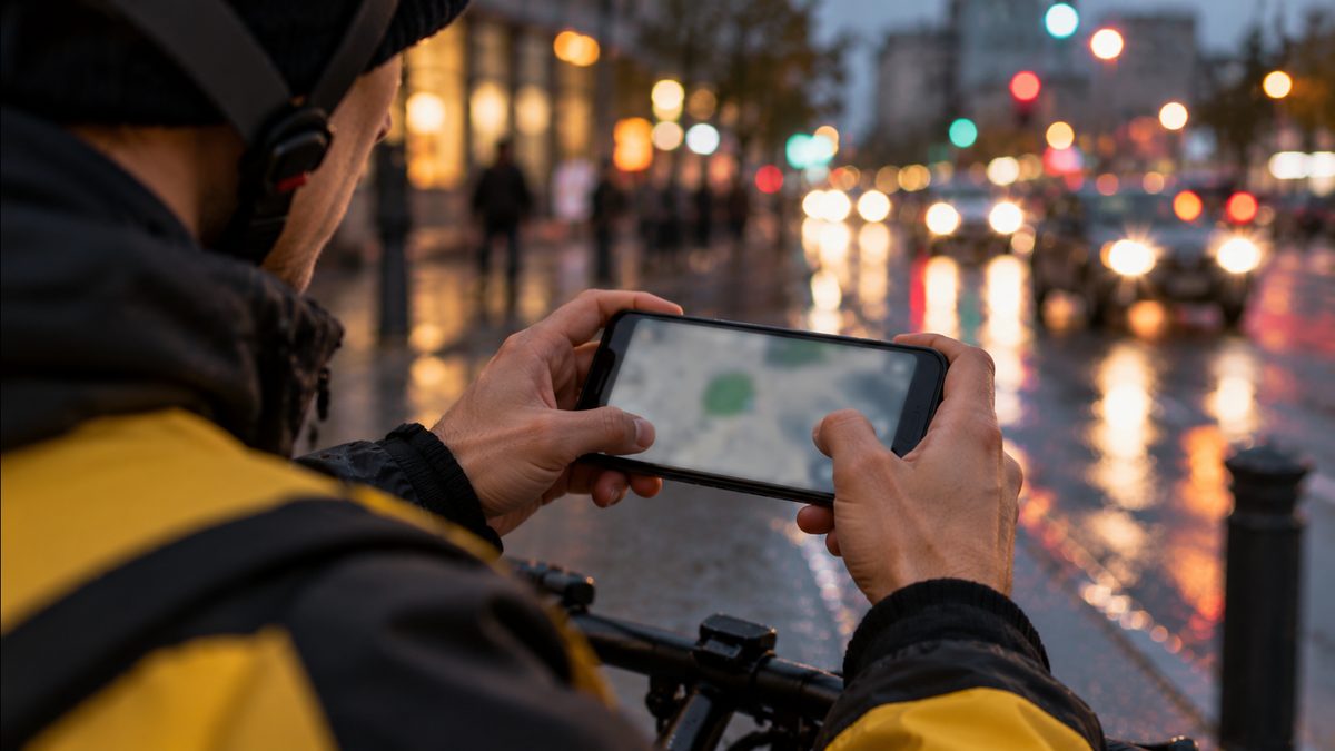 Руки держат смартфон горизонтально на фоне вечерних огней города