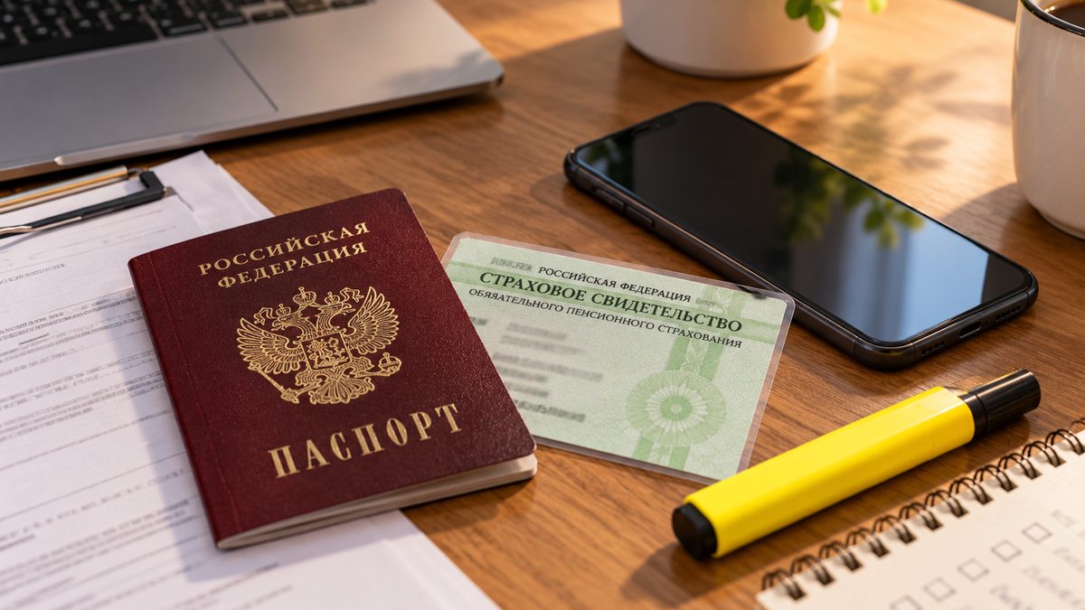 Паспорт, СНИЛС и смартфон на столе, жёлтый маркер