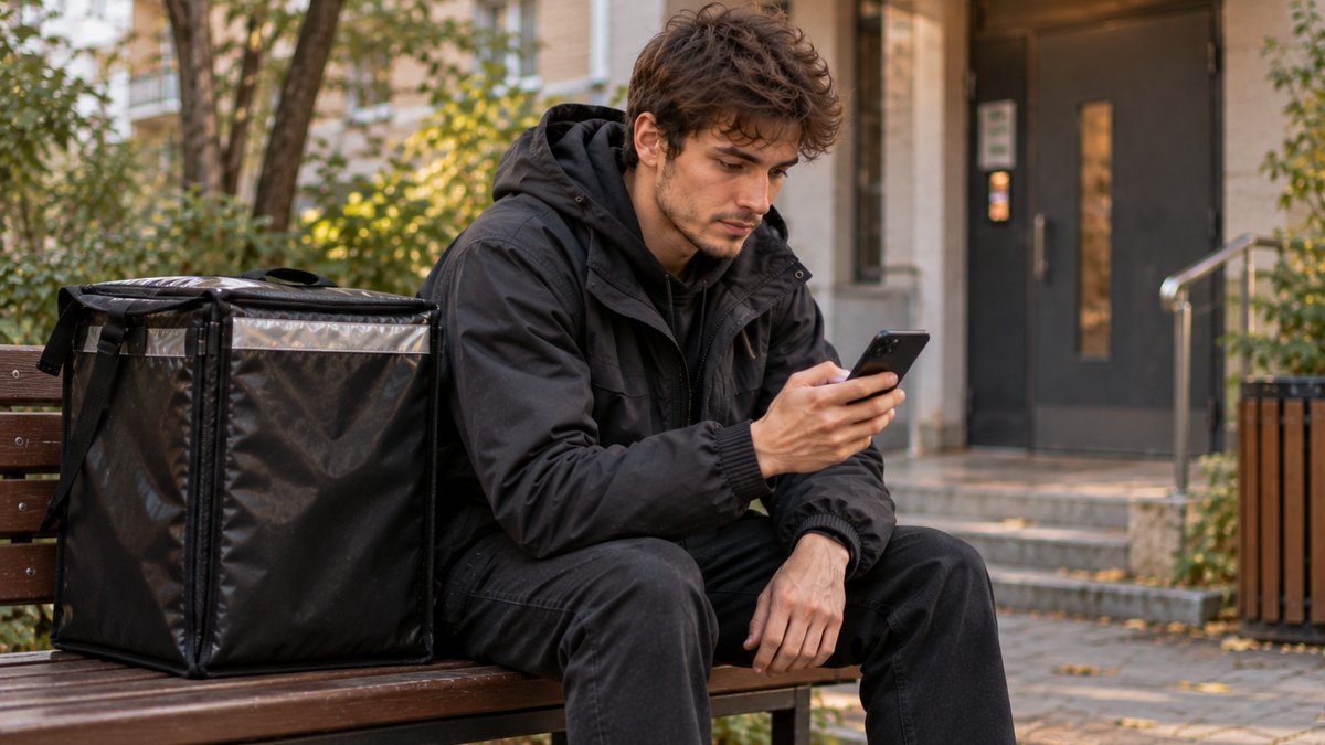 Курьер в куртке сидит на скамейке у подъезда и смотрит в смартфон с размытым экраном, рядом стоит термосумка