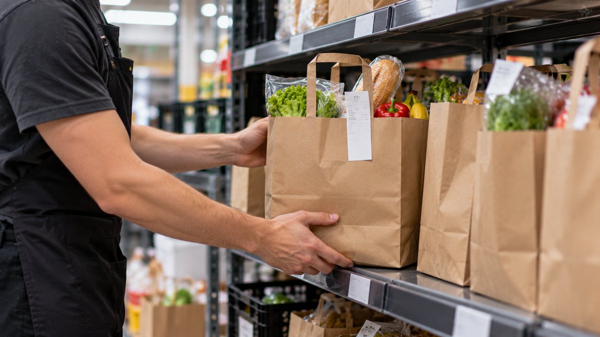 Кладовщик в небольшом складе-магазине собирает продукты в пакет по списку на терминале