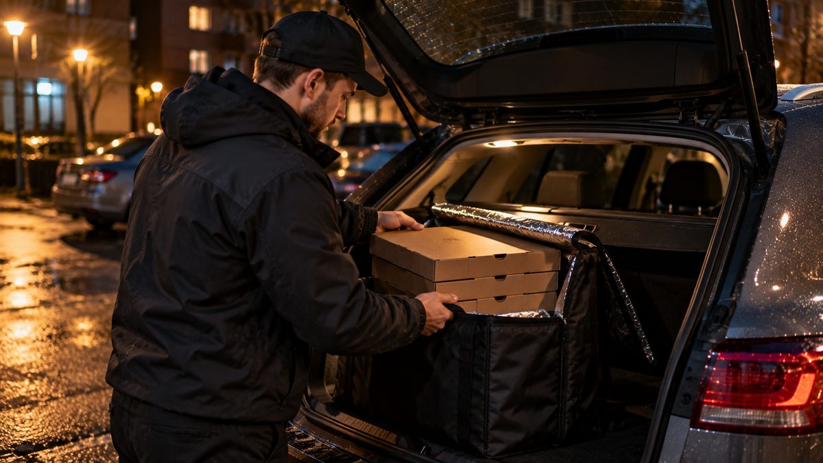Курьер достаёт термосумку с коробками пиццы из багажника легкового автомобиля вечером
