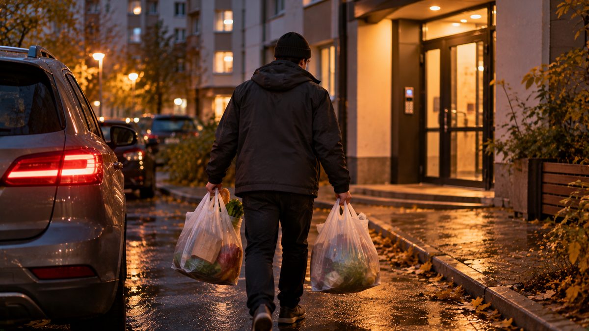 Водитель-курьер выгружает продуктовые пакеты из багажника легковой машины у подъезда
