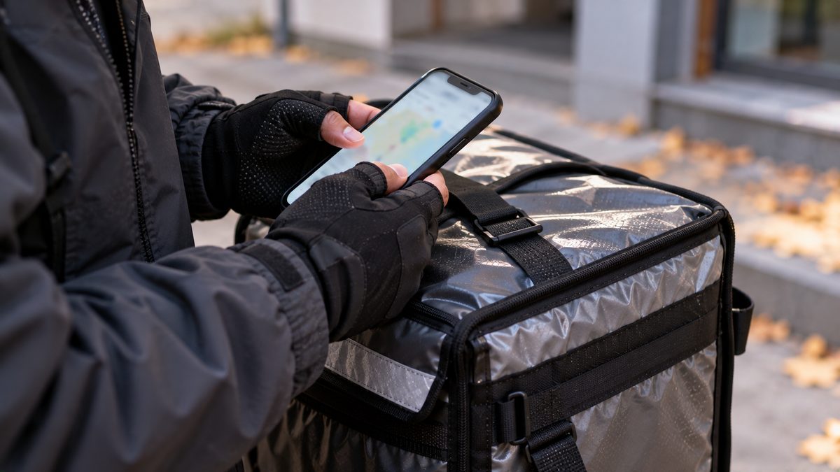 Курьер на остановке смотрит в смартфоне уведомление о зачислении денег