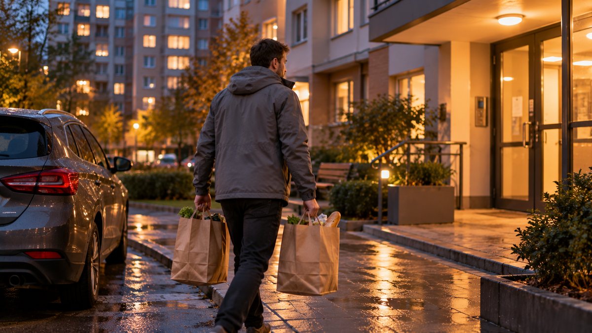 Курьер несёт пакеты с продуктами от машины к подъезду
