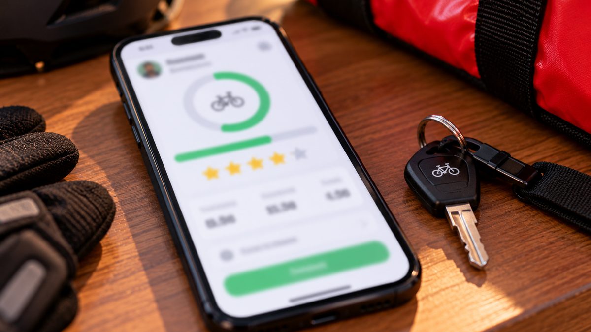 Смартфон с экраном прогресса, рядом ключ от электровелосипеда