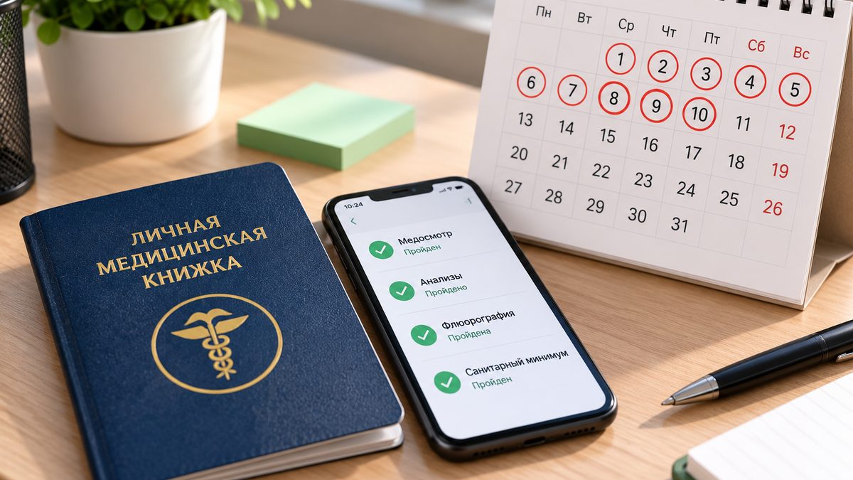 Медицинская книжка, смартфон и календарь с обведёнными днями