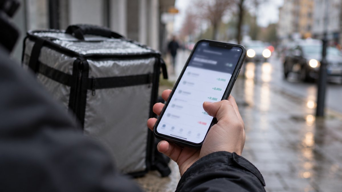 Курьер смотрит на смартфоне раздел с балансом и списанием налога