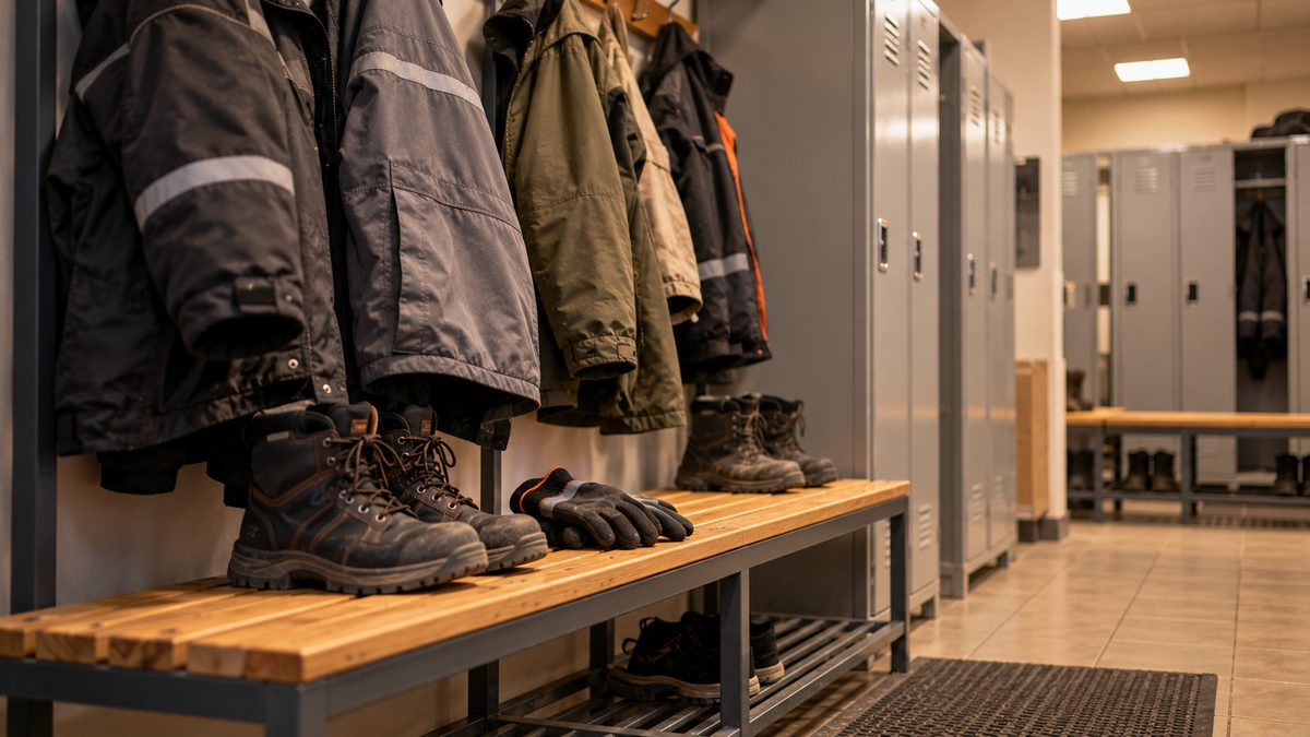 Раздевалка склада: на скамье рабочие ботинки, на крючках утеплённые куртки и перчатки