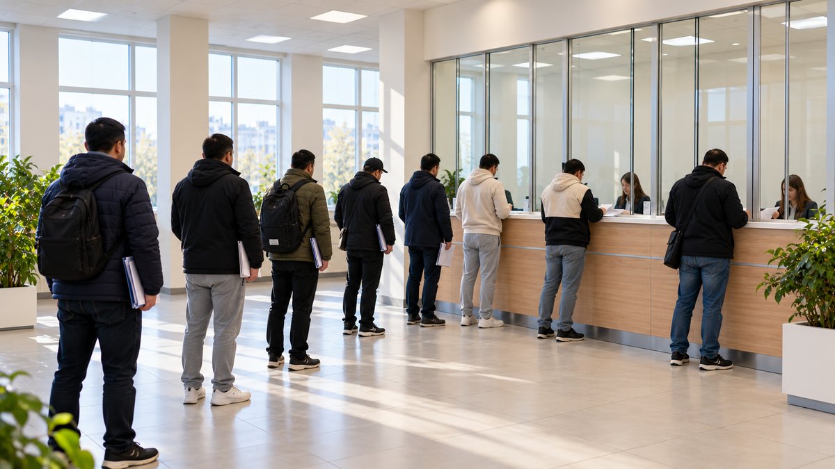 Очередь в светлом зале миграционного центра, люди с папками документов ждут у окон приёма