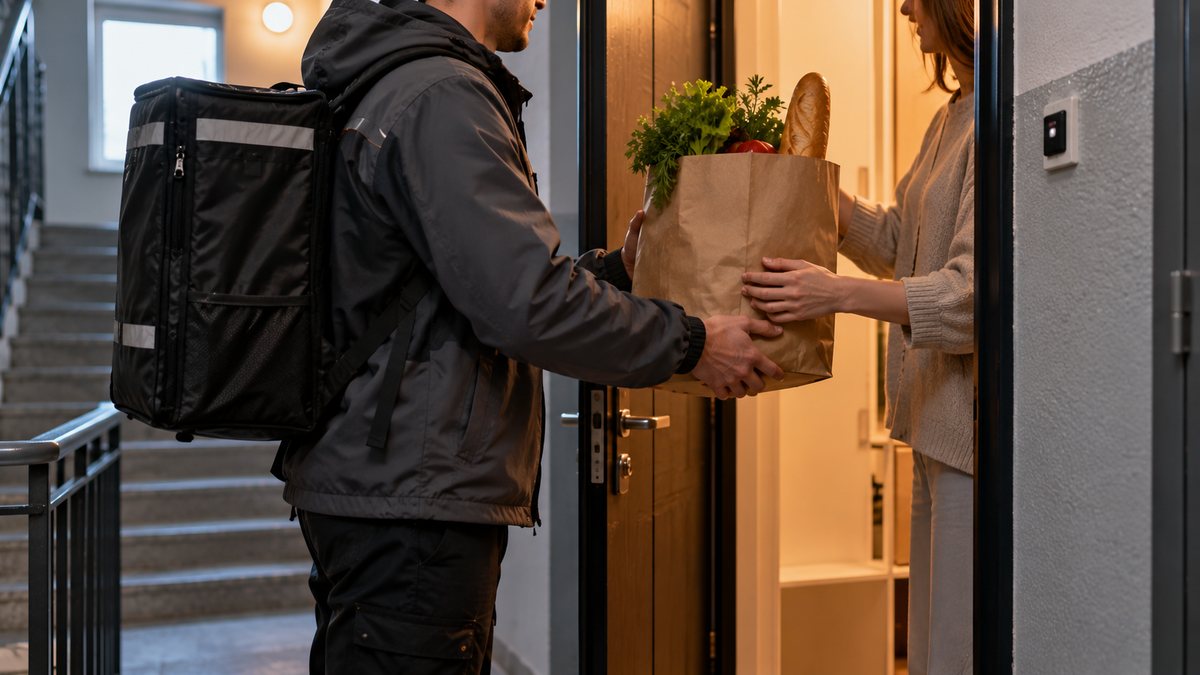 Пеший курьер передаёт пакет с продуктами у двери квартиры