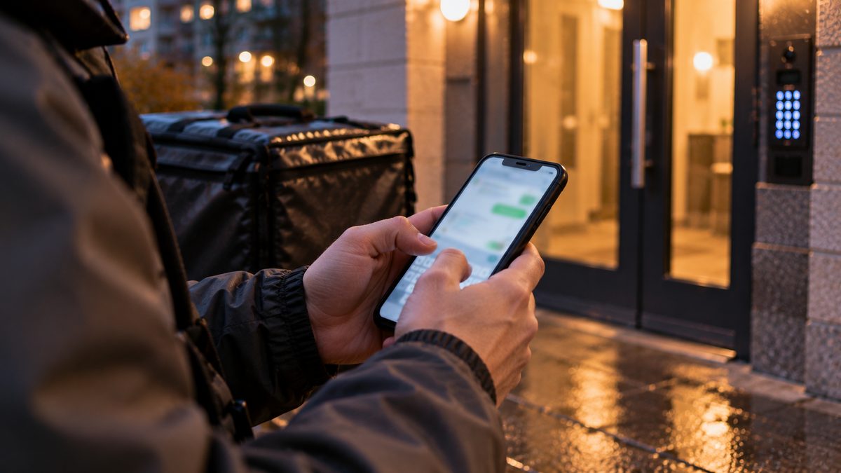 Курьер с термосумкой стоит у подъезда и пишет сообщение в чат на смартфоне