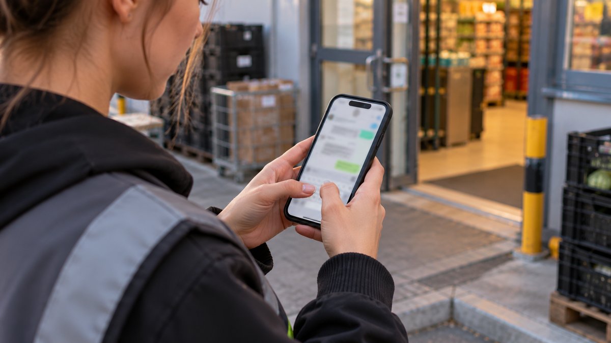 Девушка в рабочем жилете пишет сообщение в чат поддержки на смартфоне у входа в магазин