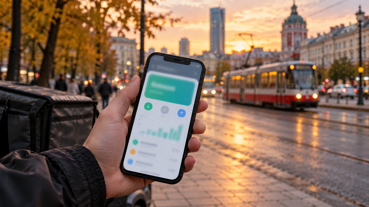 Курьер с термосумкой проверяет выплату в телефоне на улице Екатеринбурга