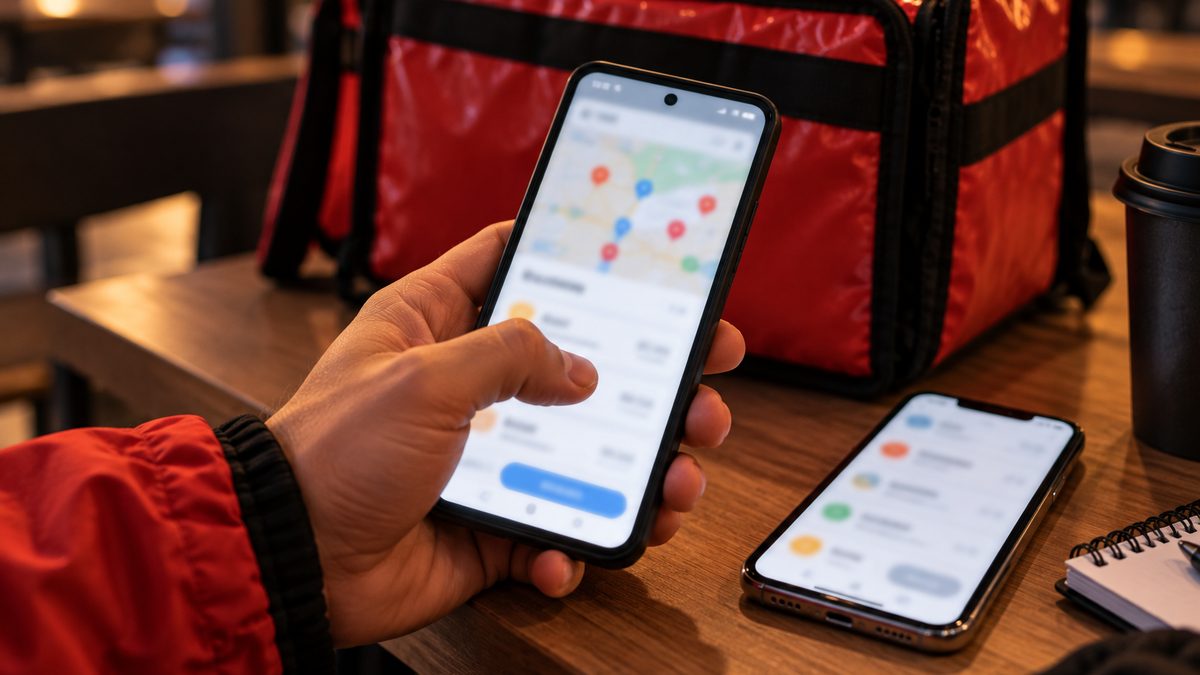 Android-смартфон и iPhone на столе рядом с термосумкой