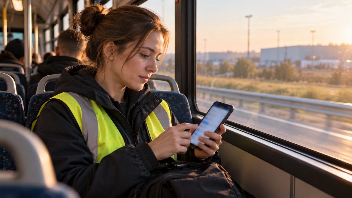 Девушка в автобусе по дороге на склад выбирает смену в приложении на смартфоне