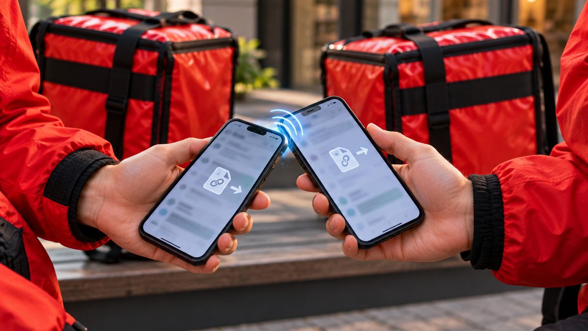 Два смартфона передают ссылку, рядом две термосумки