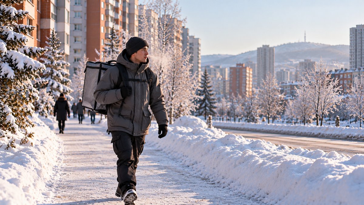 Курьер в тёплой куртке с термосумкой на заснеженной улице сибирского города