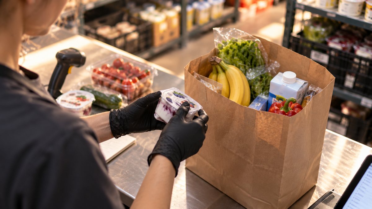 Сборщица собирает продуктовый заказ в пакеты на мини-складе