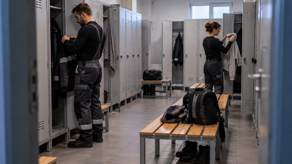 Работники склада переодеваются в раздевалке перед сменой, шкафчики и скамейка