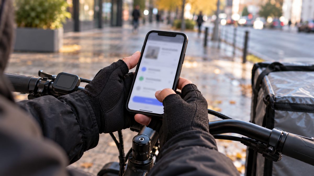 Курьер у велосипеда открывает на смартфоне список партнёров в налоговом приложении