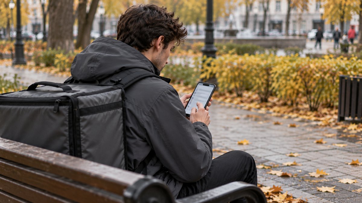 Курьер на скамейке читает условия договора в приложении на смартфоне