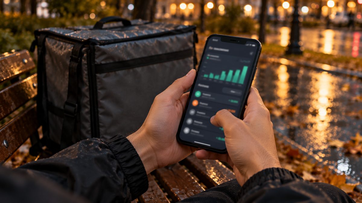 Курьер у велосипеда проверяет раздел с доходом в приложении на смартфоне