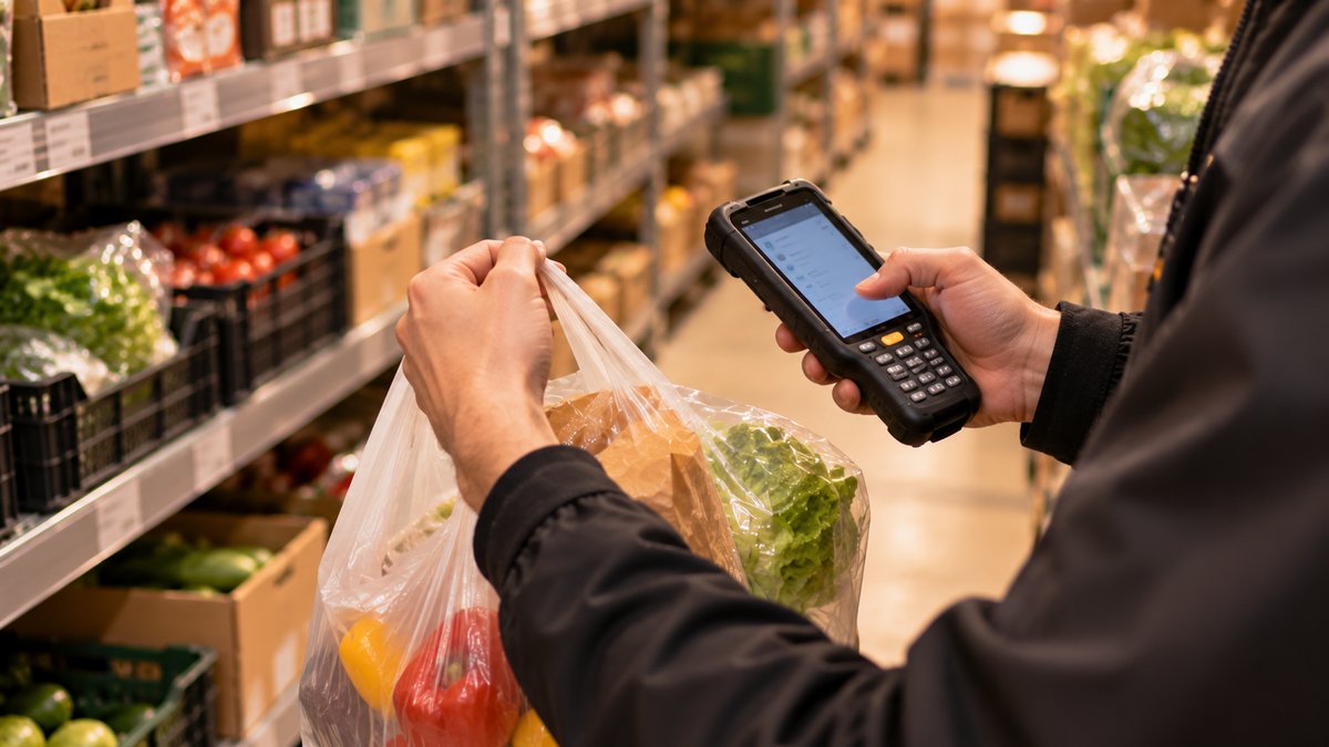 Сборщик с тележкой собирает онлайн-заказ между стеллажами с продуктами