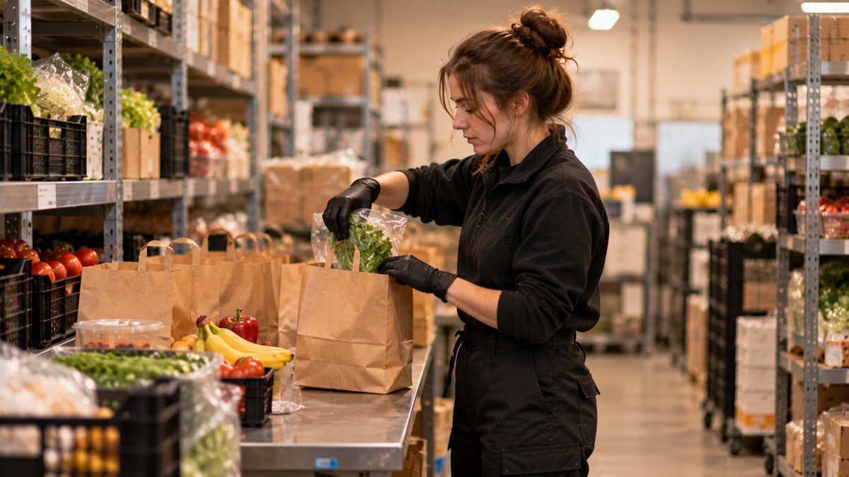 Сборщица заказов упаковывает продукты в пакеты на складе даркстора