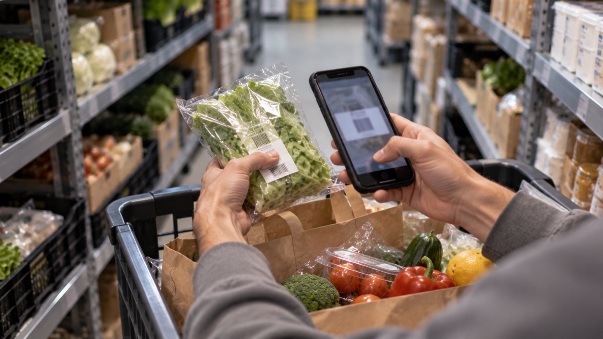 Сборщик складывает продукты в пакет между стеллажами даркстора