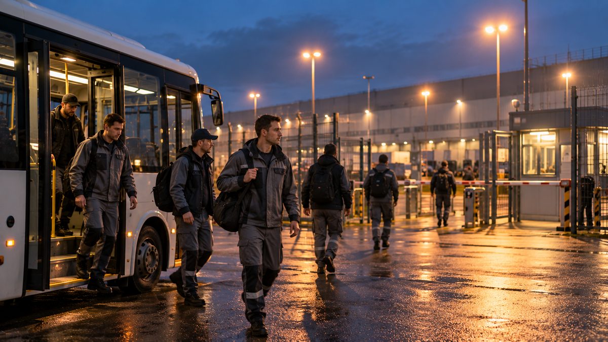 Сотрудники склада выходят из корпоративного автобуса у проходной логопарка в сумерках