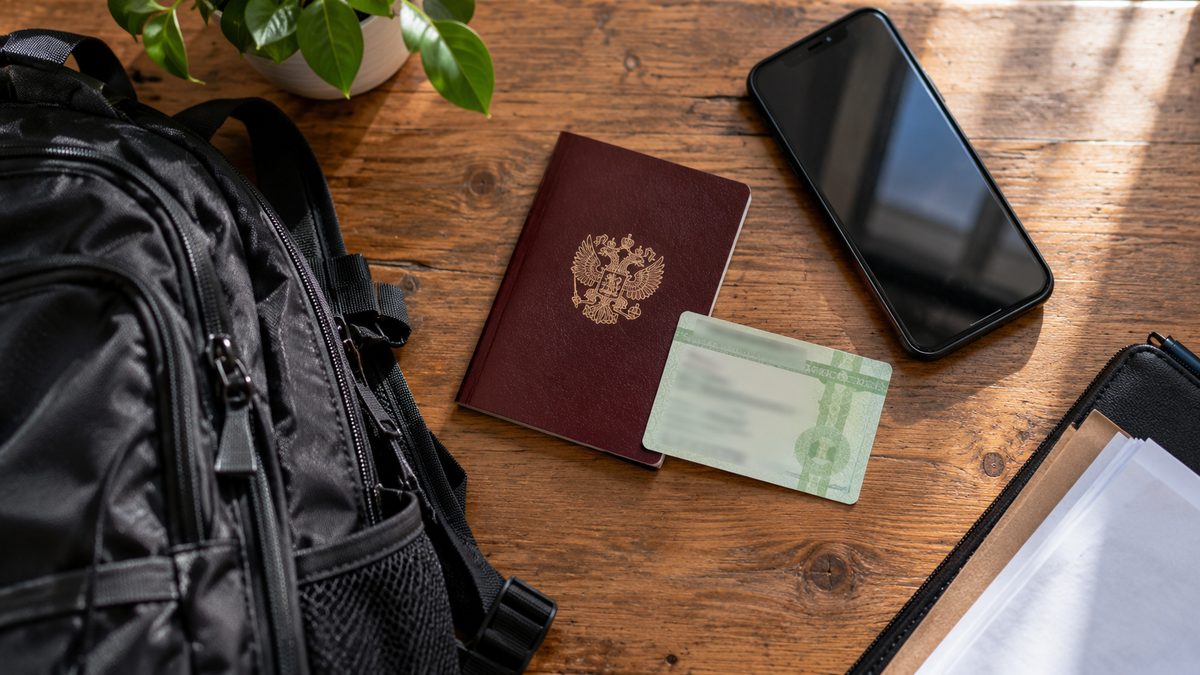 Паспорт, СНИЛС и смартфон на столе рядом с рюкзаком перед первой сменой