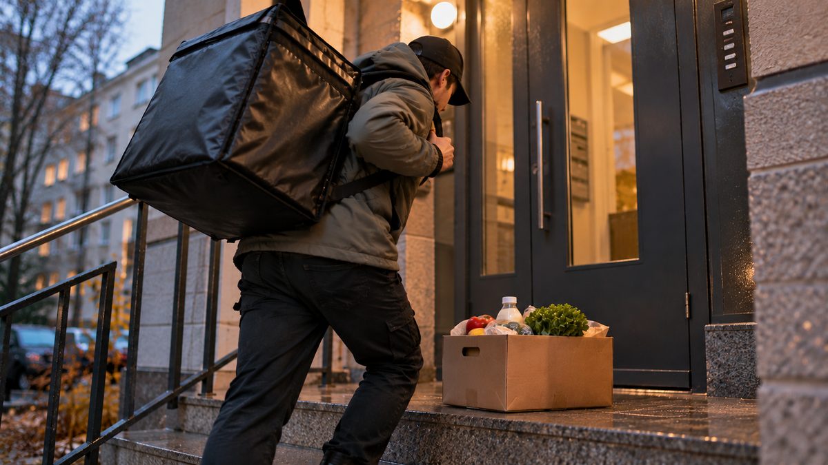 Курьер ставит тяжёлую коробку с покупками на ступеньку подъезда и поправляет лямку термосумки