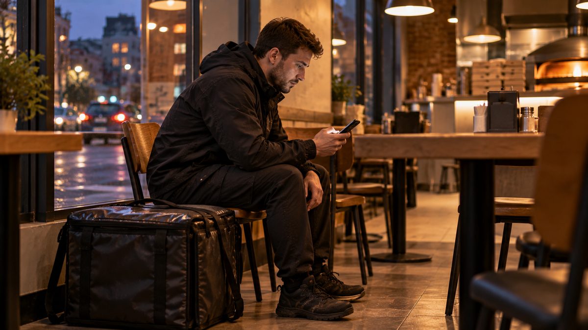 Курьер на стуле у окна пиццерии смотрит в смартфон в ожидании заказа
