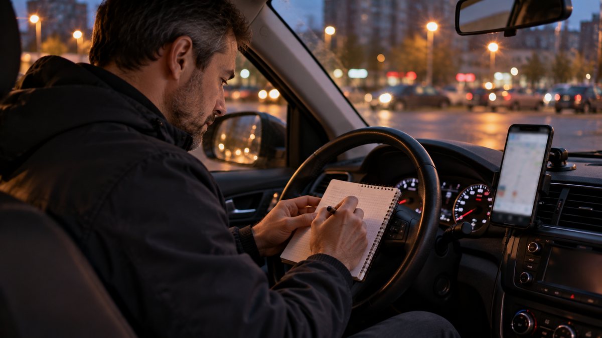 Автокурьер в машине на парковке записывает пробег и заказы за маршрут