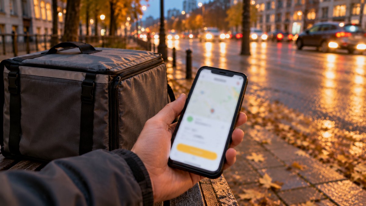 Курьер с термосумкой сверяет заработок за смену в приложении на телефоне