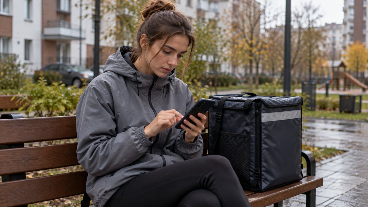 Курьер на скамейке во дворе планирует смены на неделю в смартфоне