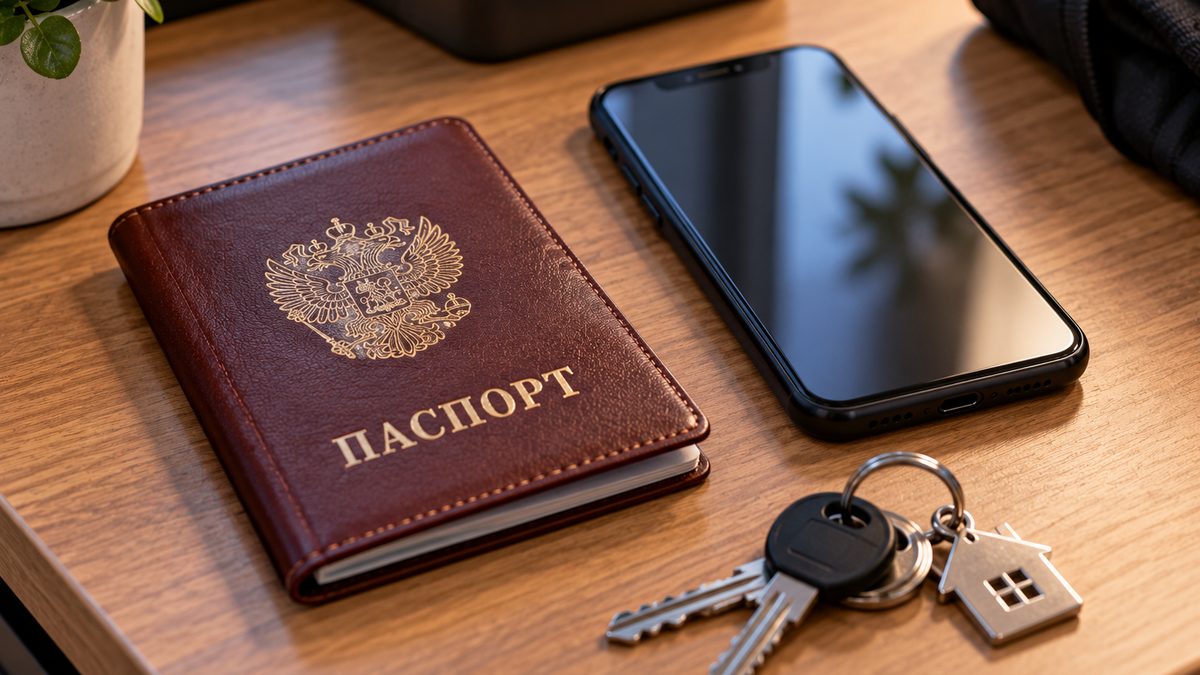 Паспорт в обложке и смартфон на столе, рядом ключи