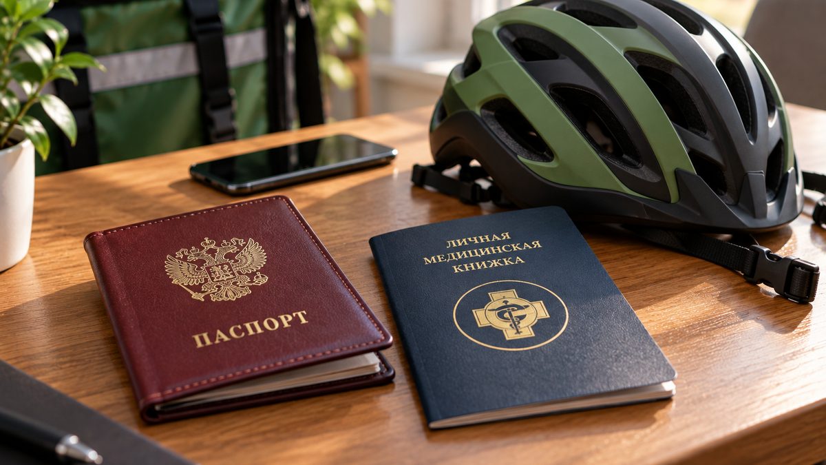 Паспорт, медкнижка и велосипедный шлем на столе