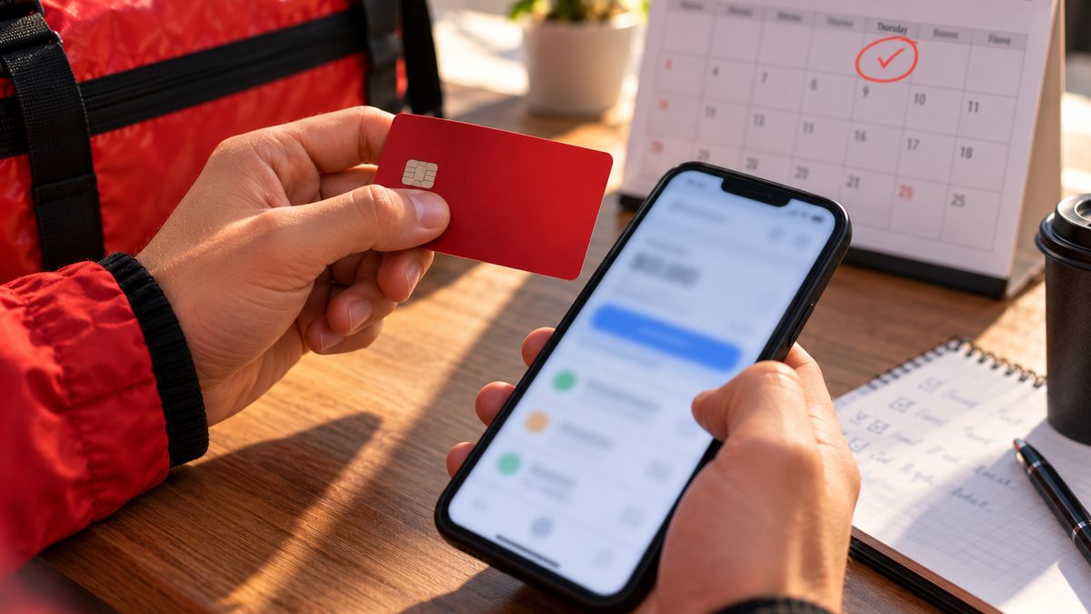 Банковская карта над смартфоном и календарь с отмеченным четвергом