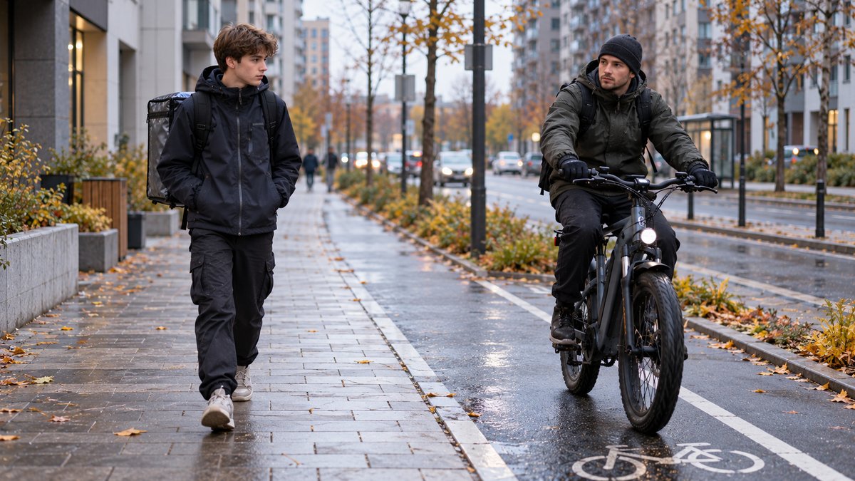 Курьер показывает паспорт сотруднику велоцентра у ряда арендных электровелосипедов