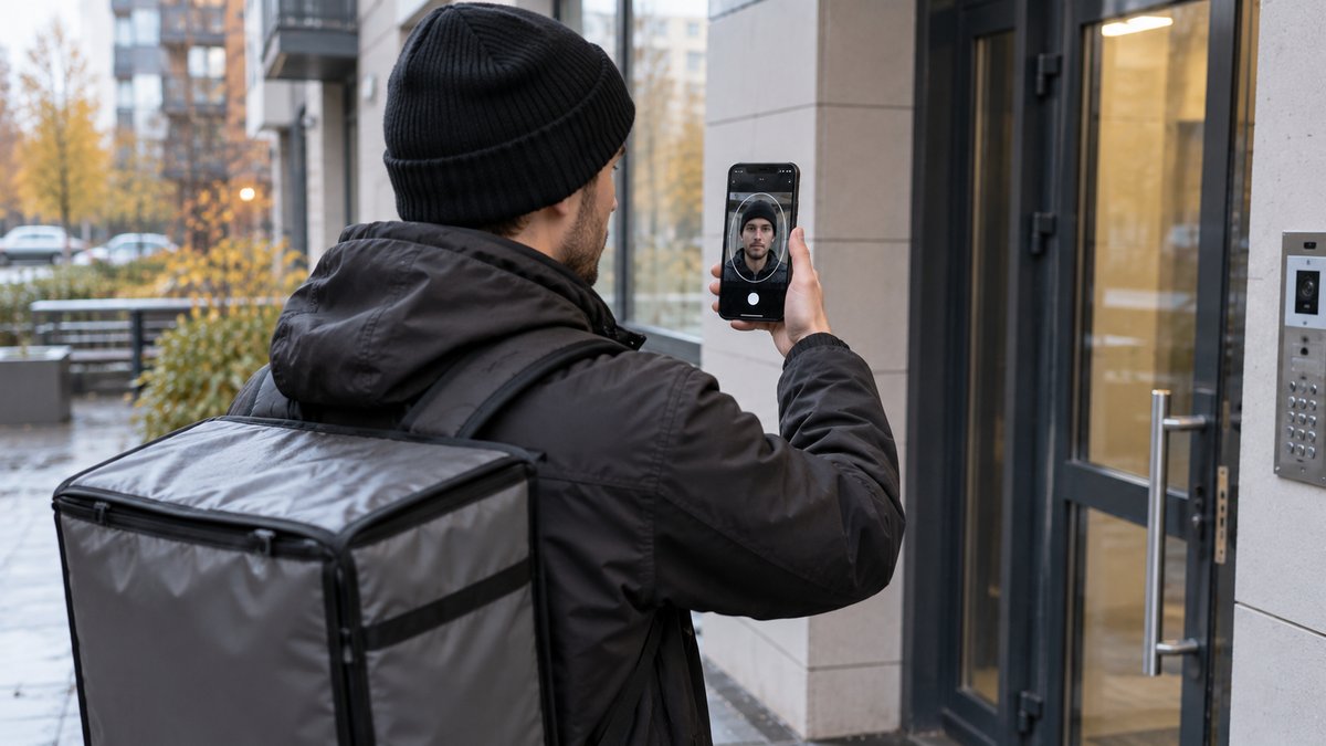 Курьер перед сменой делает селфи на смартфон для подтверждения личности